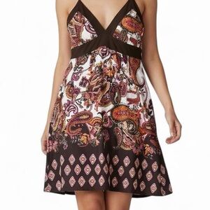 Y2K Paisley Floral Babydoll Mini Dress Brown Boho Indie Festival Large Summer